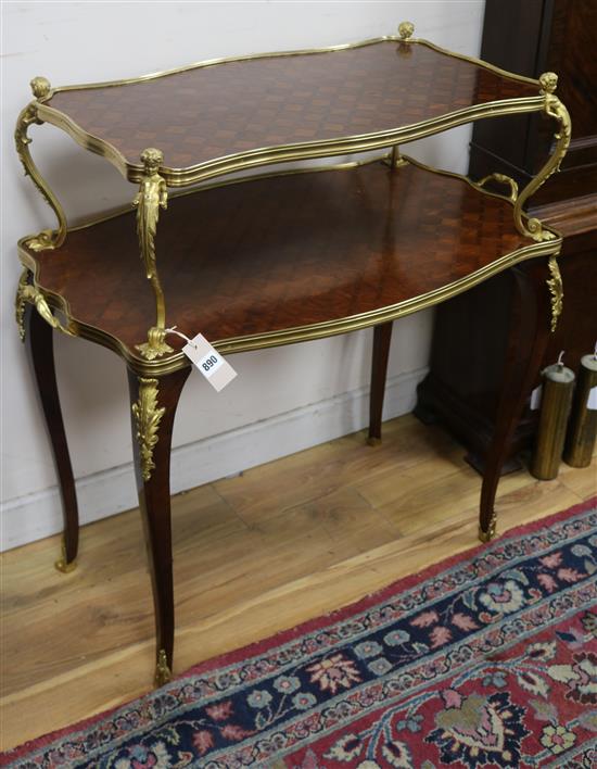 An early 20th century French ormolu mounted kingwood parquetry etagere, in the manner of Linke, W.2ft 10in. H.2ft 9in.